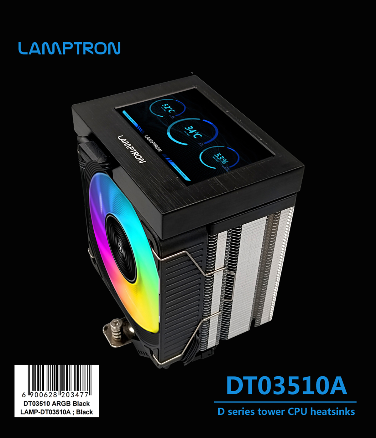 Lamptron DT03510 CPU Air Cooler with Sensor Panel Display, ARGB, Black - Picture 2 of 2