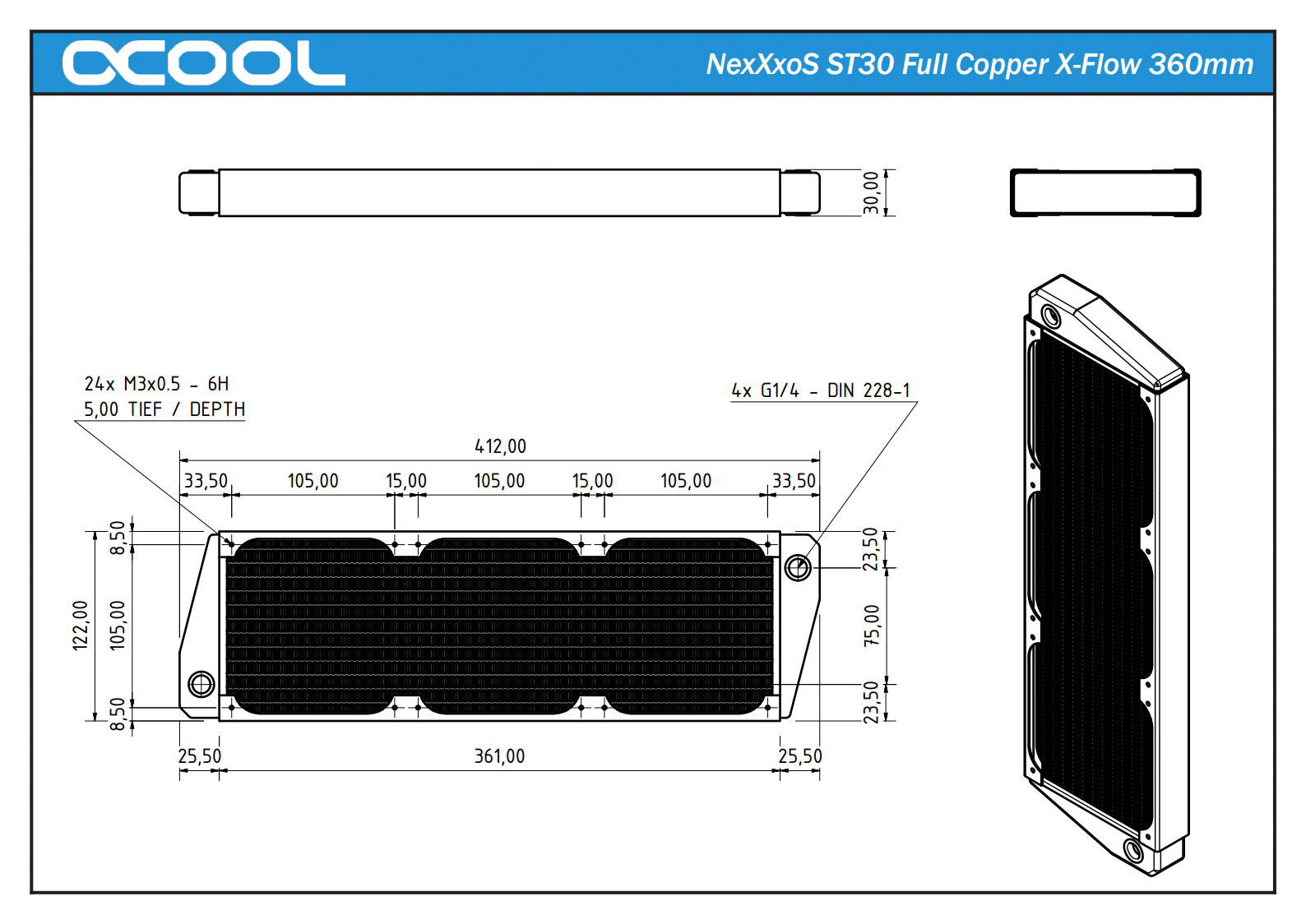 Alphacool NexXxos ST30 Full Copper X-Flow Radiator, 360mm, Triple Fan, Black - Afbeelding 7 van 7