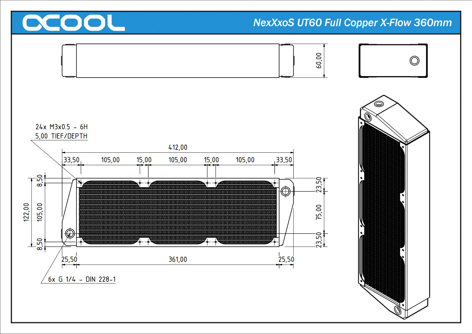 Alphacool NexXxos UT60 Full Copper X-Flow Radiator, 360mm, Triple Fan, Black - Picture 7 of 7
