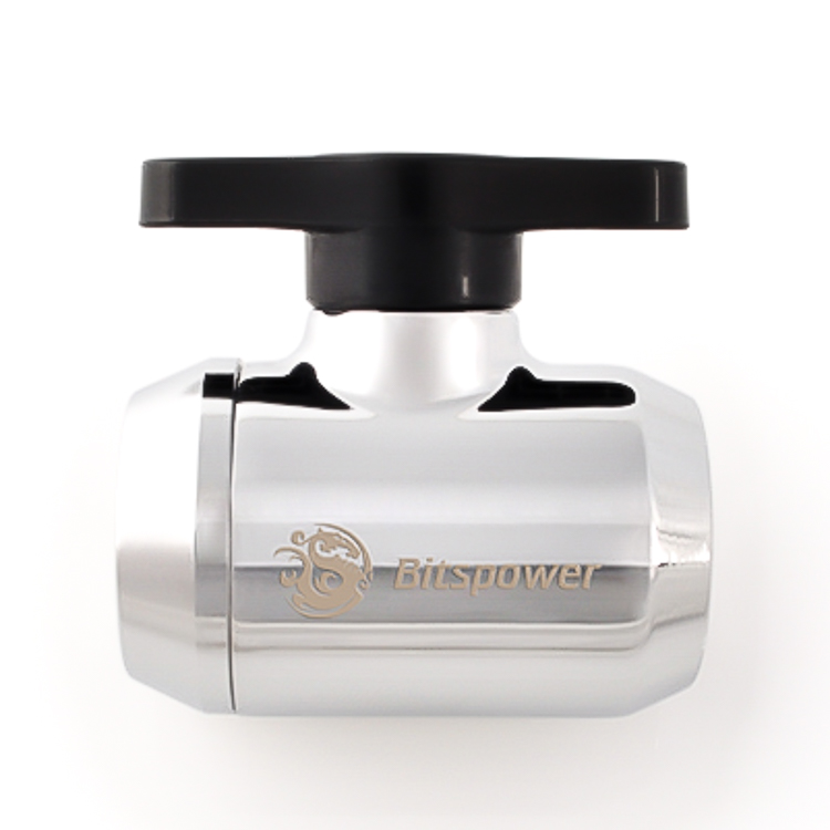 Mini válvula Bitspower G1/4" con mango negro, cuerpo brillante plateado - Imagen 2 de 3