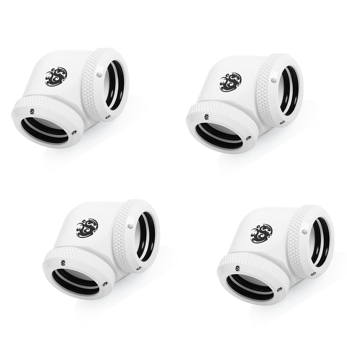 Bitspower Dual Enh Multi-Link Fitting, 16mm OD, 90 Degree Angle, White, 4pk