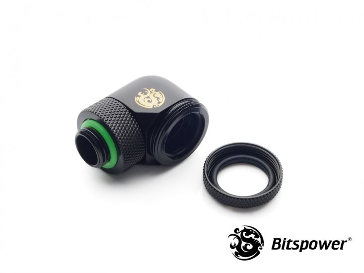 Bitspower Fitting for 16mm OD Rigid Tubing, 90 Degree Rotary, Matte Black, 4pk - Picture 2 of 3