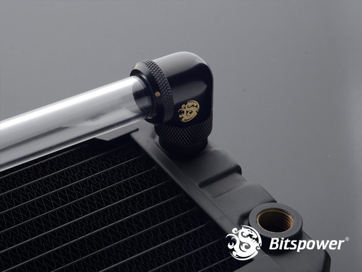 Bitspower Fitting for 16mm OD Rigid Tubing, 90 Degree Rotary, Matte Black, 4pk - Picture 3 of 3