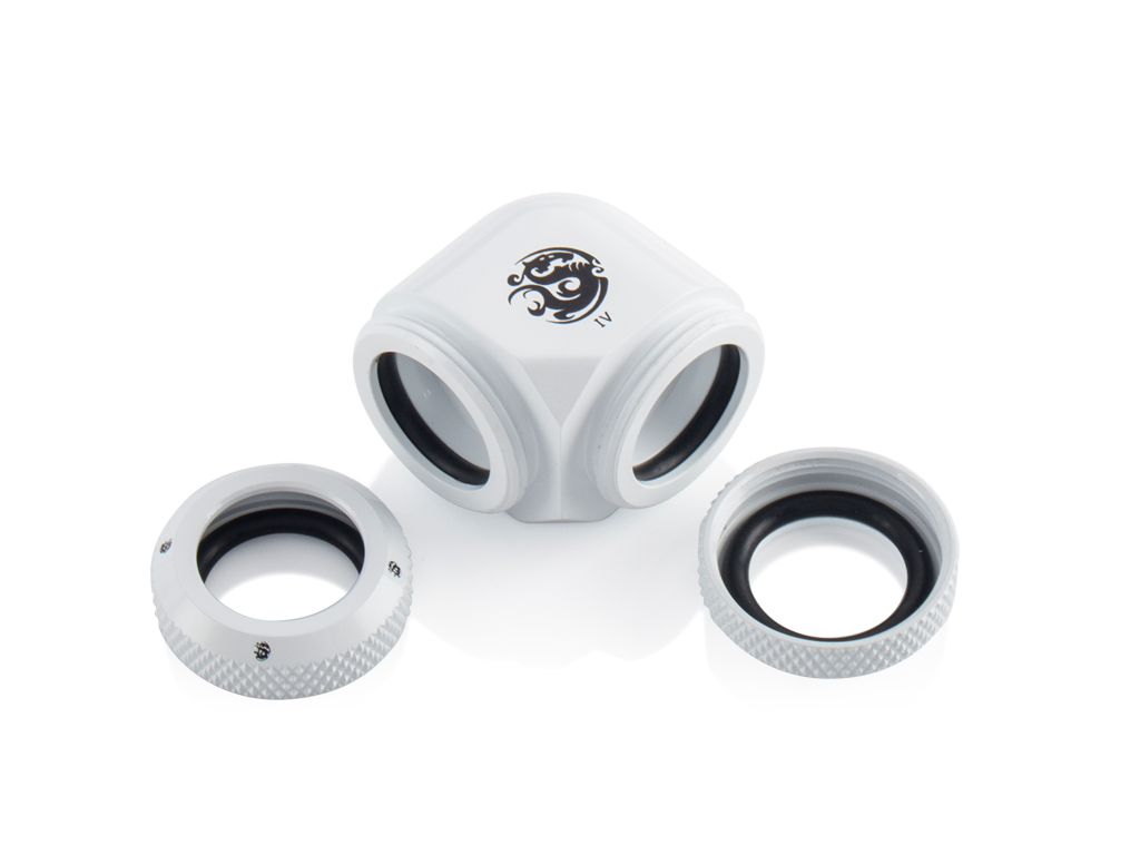 Bitspower Dual Enh Multi-Link Fitting, 14mm OD, 90 Degree Angle, White - Picture 2 of 2