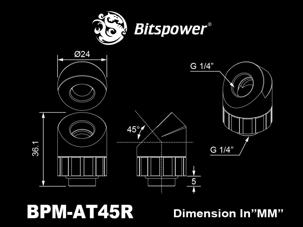 Bitspower Artemis Rotary 45-Degree Extender, Arctic White - Picture 2 of 2