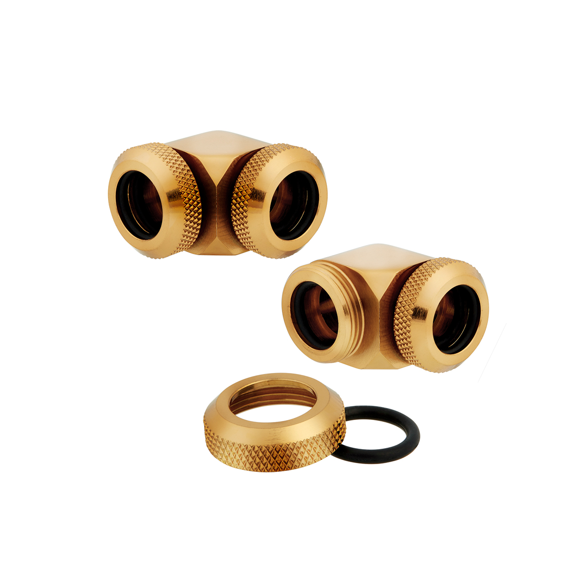Corsair Hydro X Series XF Hardline 90 Degree Fittings, 12mm OD, Gold, 2-pack - Picture 1 of 4