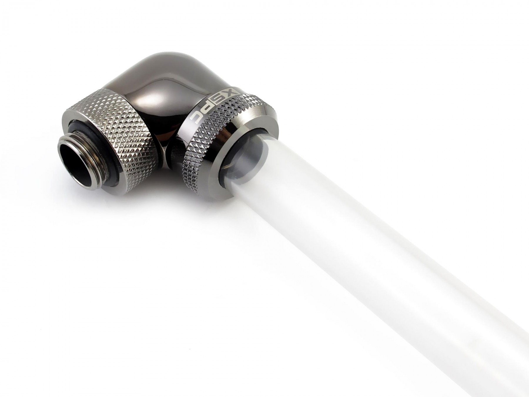 XSPC G1/4" to 14mm Rigid Tubing Fitting V2, 90 Degree Rotary, Black Chrome - Picture 6 of 7