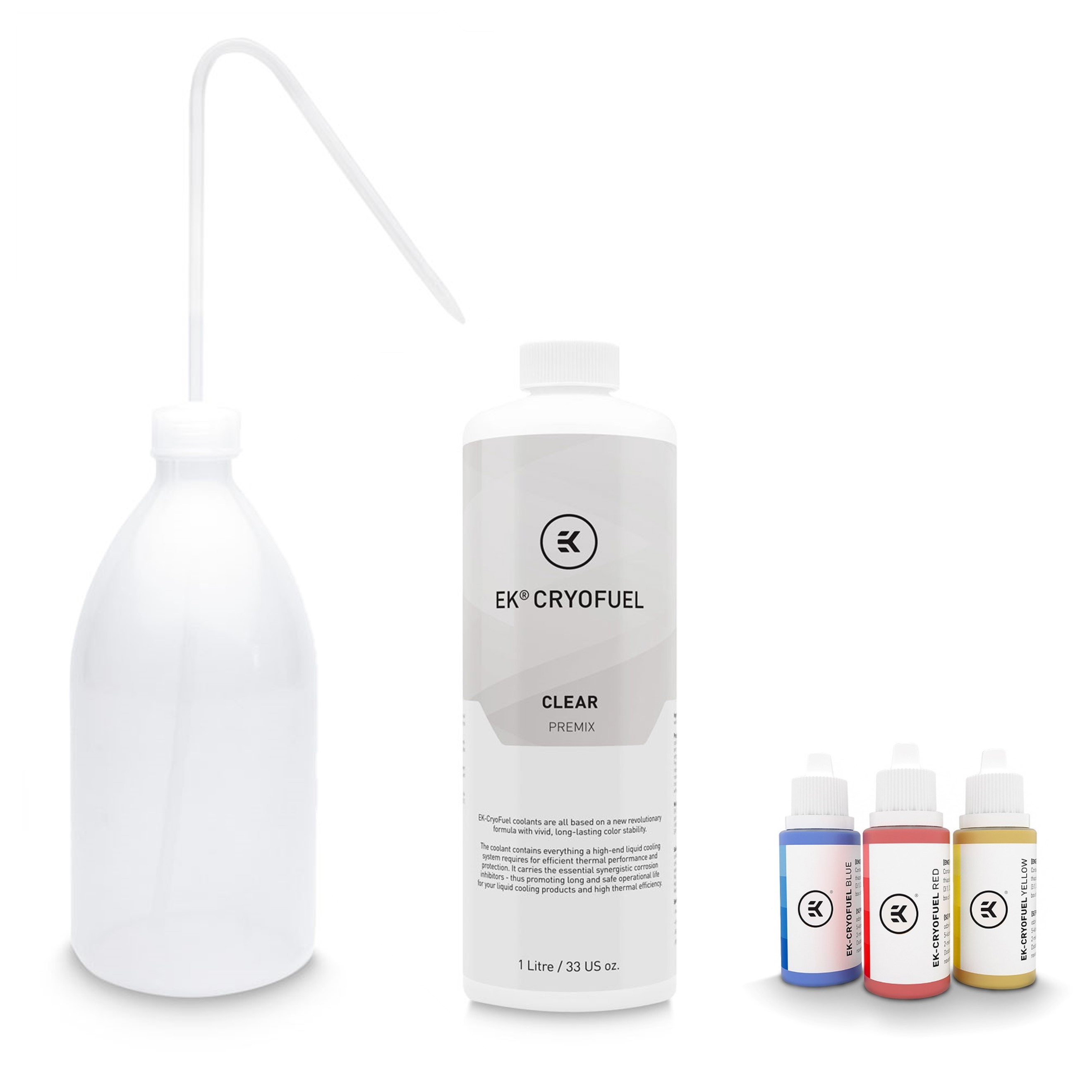EKWB EK-CryoFuel Clear Premix 1000ml PC Coolant, Dye Pack, and Filling Bottle - Afbeelding 1 van 5